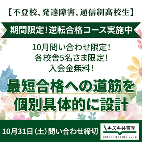 10月問い合わせ限定!逆転合格コース〜プロ講師が合格までの道筋を個別設計〜【各校舎5名さま限定】